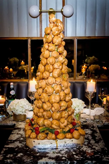 A tall croquembouche profiterole tower
